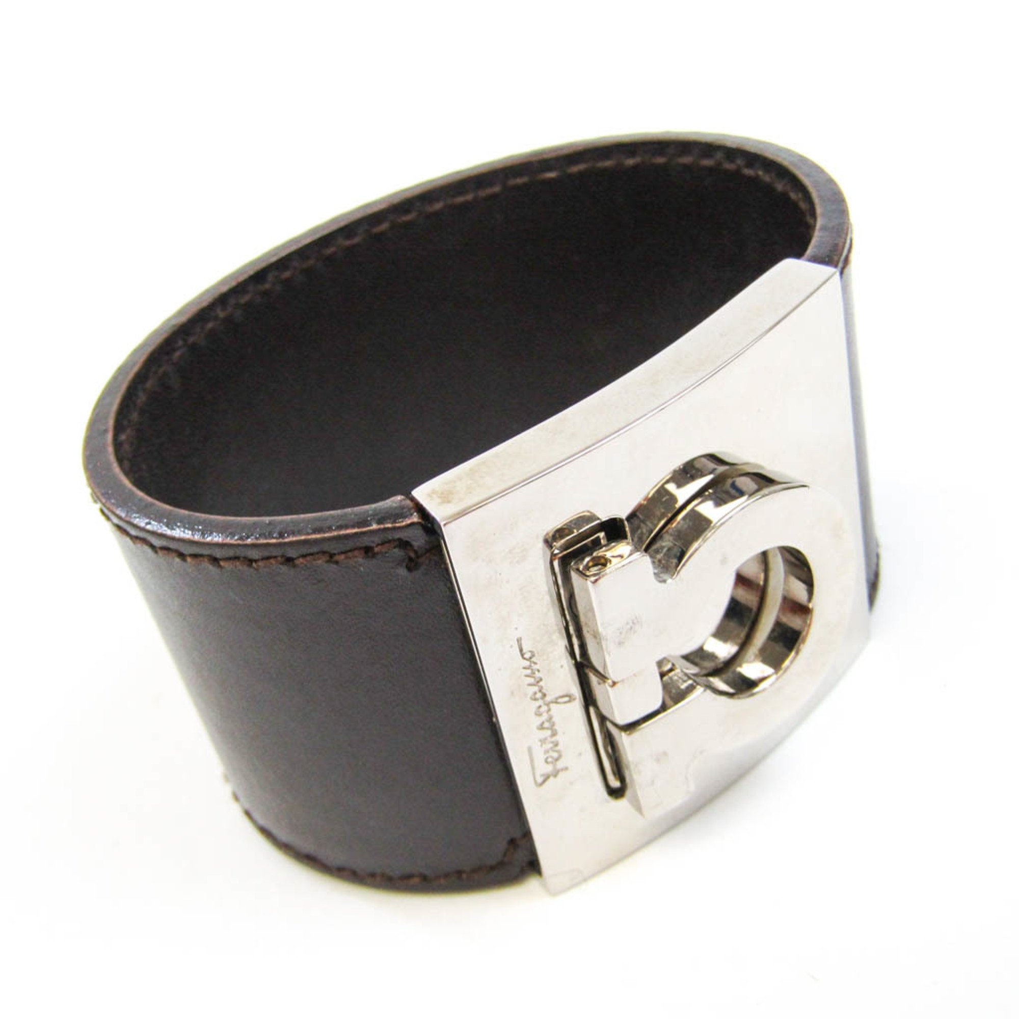 Salvatore Ferragamo Gancini Leather,Metal Bangle Dark Brown,Silver